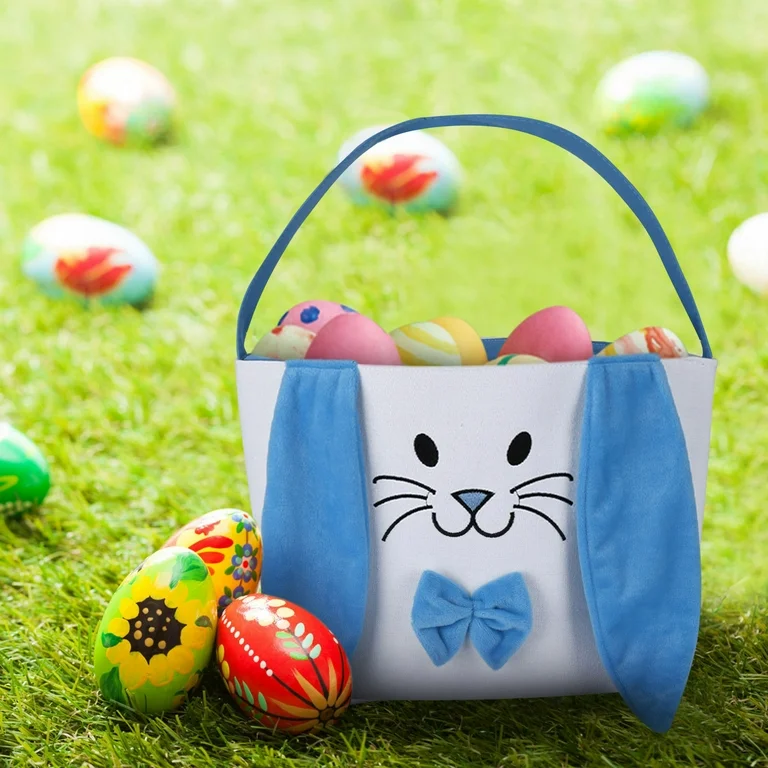 canvas easter basket with rabbit ears and striped design