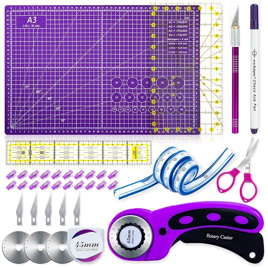 Complete quilting rotary cutter kit with ruler and clips