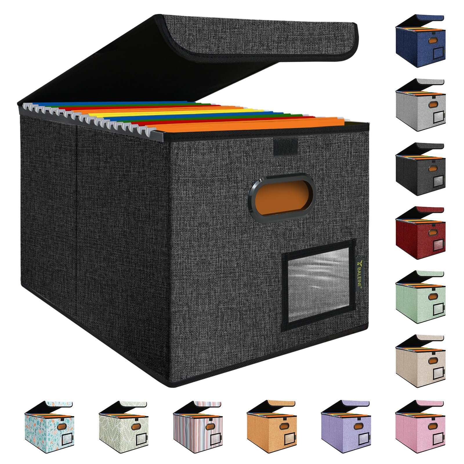 black fabric file box organizer with lid and hanging folder rails