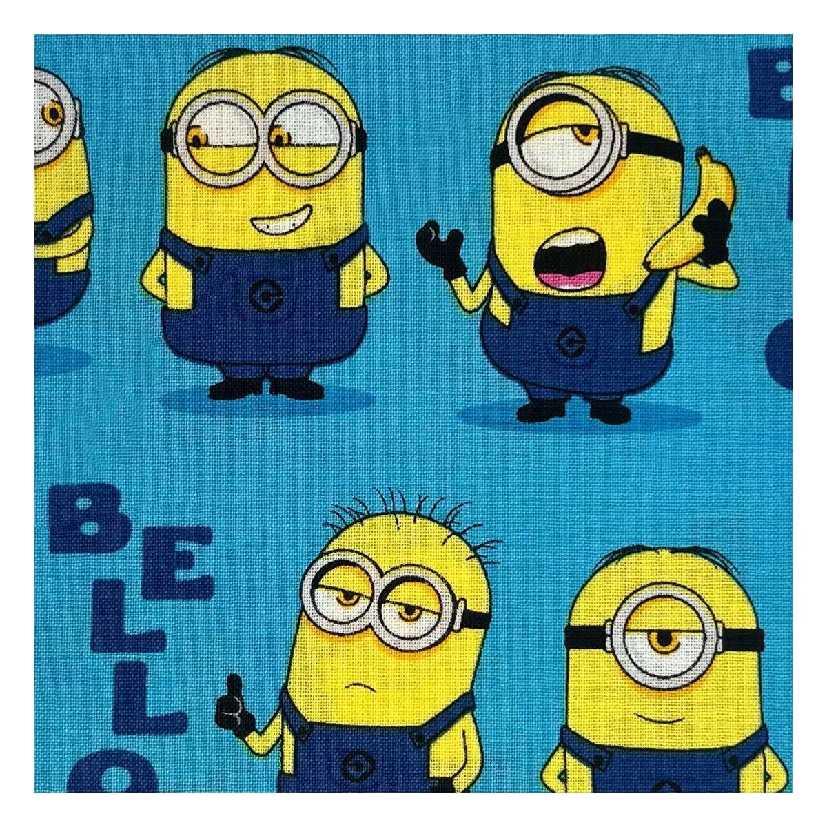 Joanns Minions quilting cotton fabric with characters on blue background